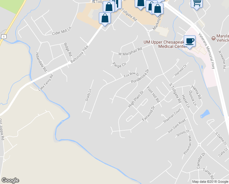 map of restaurants, bars, coffee shops, grocery stores, and more near 626 Ponderosa Drive in Bel Air