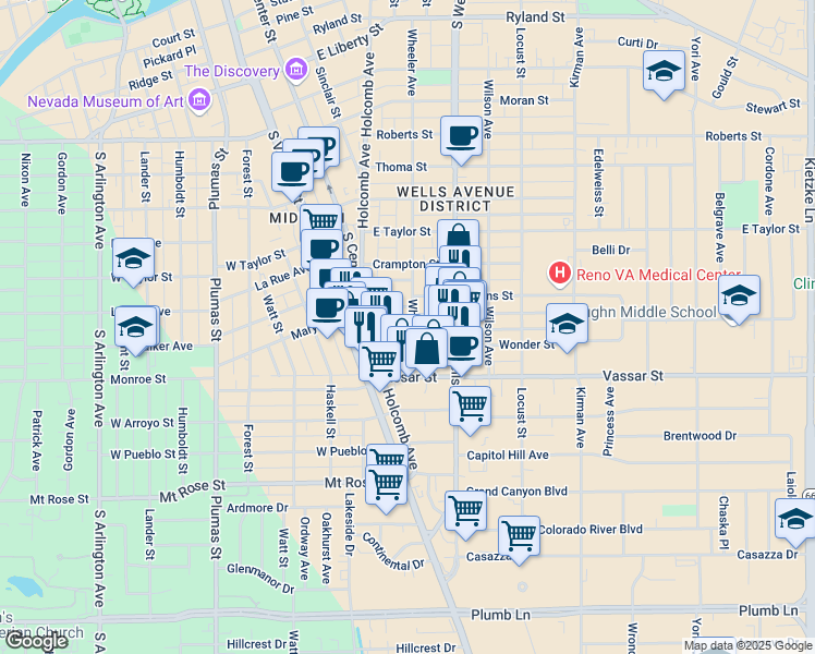 map of restaurants, bars, coffee shops, grocery stores, and more near 1135 Wheeler Avenue in Reno
