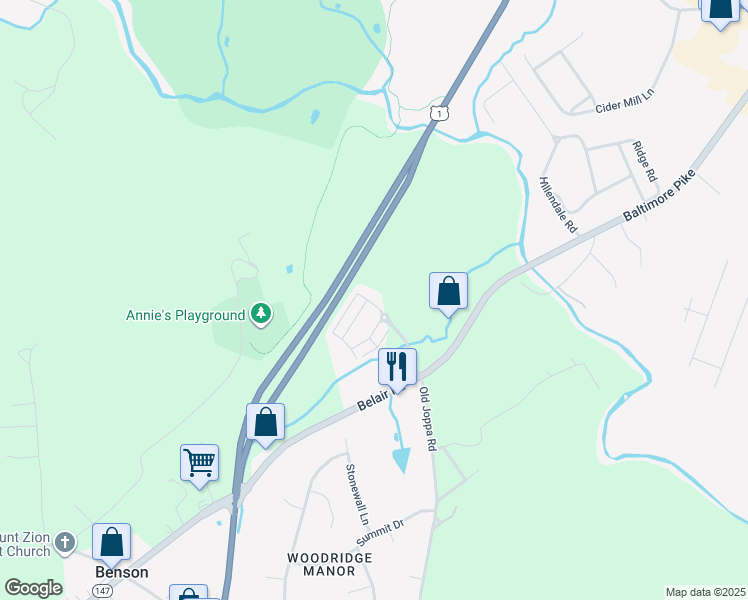 map of restaurants, bars, coffee shops, grocery stores, and more near 105 Guidice Lane in Bel Air