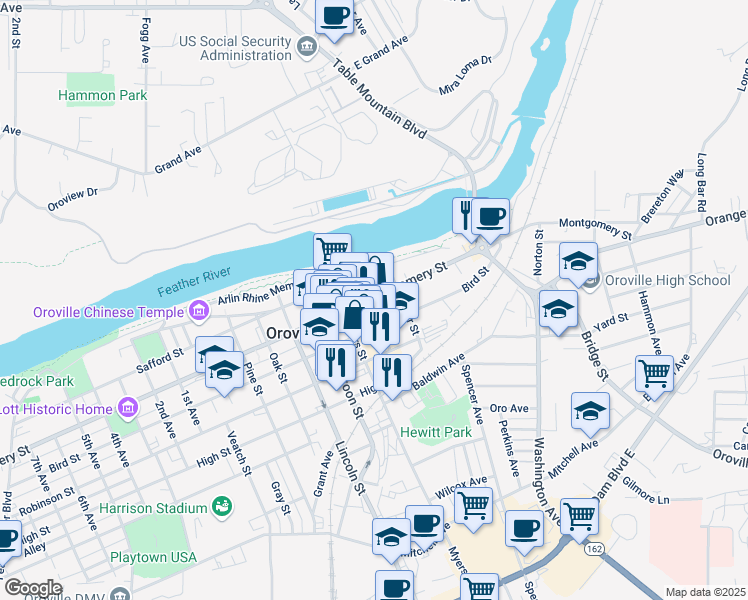map of restaurants, bars, coffee shops, grocery stores, and more near 2121 State Highway 70 Bus in Oroville