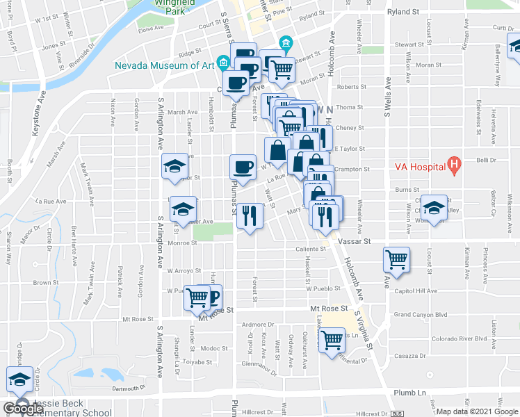 map of restaurants, bars, coffee shops, grocery stores, and more near 198 Martin Street in Reno