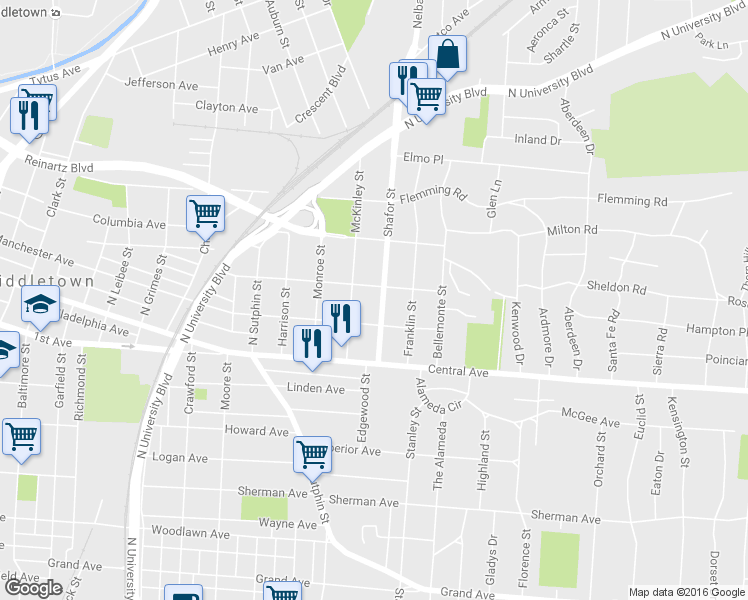 map of restaurants, bars, coffee shops, grocery stores, and more near 116 Shafor Street in Middletown