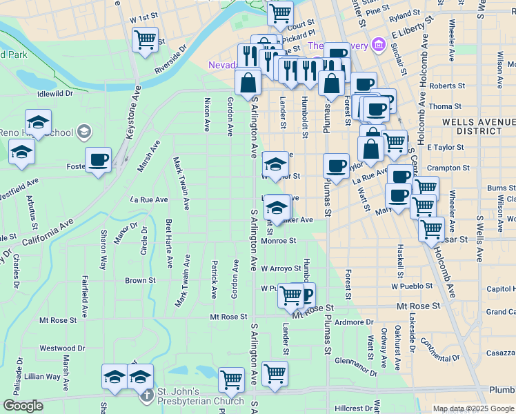 map of restaurants, bars, coffee shops, grocery stores, and more near 1010 South Arlington Avenue in Reno