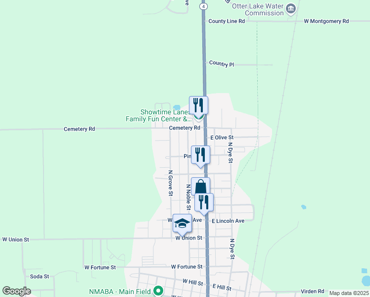 map of restaurants, bars, coffee shops, grocery stores, and more near 1117 North Noble Street in Virden
