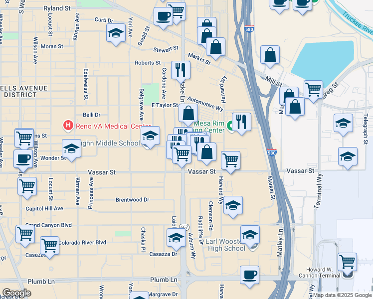 map of restaurants, bars, coffee shops, grocery stores, and more near 1150 Kietzke Lane in Reno