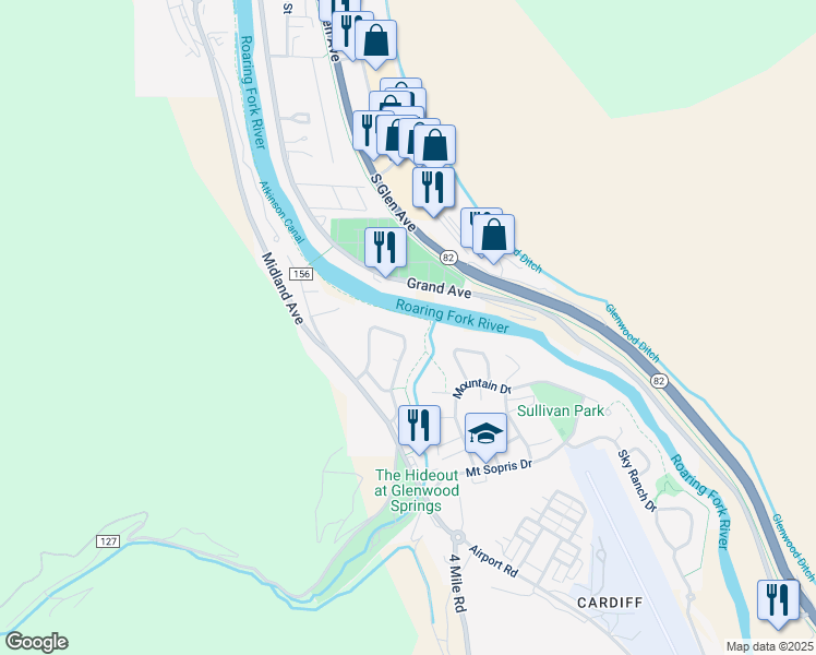 map of restaurants, bars, coffee shops, grocery stores, and more near 1033 Park West Drive in Glenwood Springs
