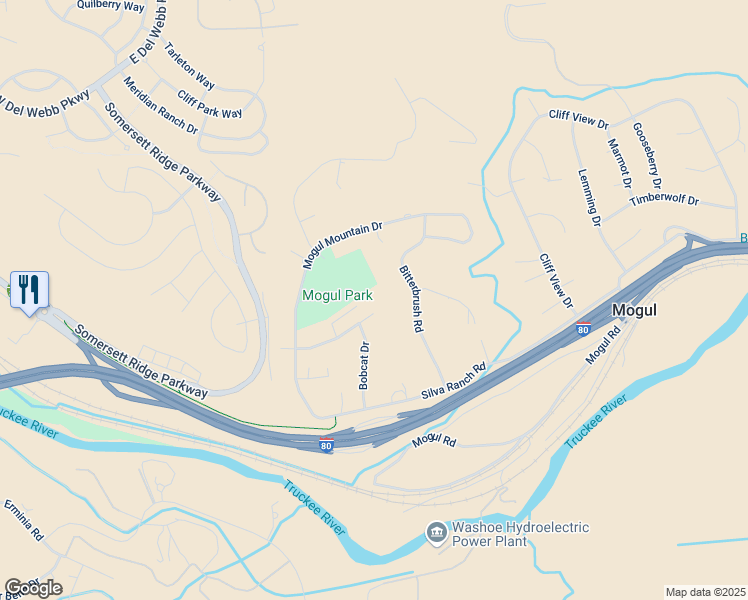 map of restaurants, bars, coffee shops, grocery stores, and more near 285 Mountain Ridge Road in Reno