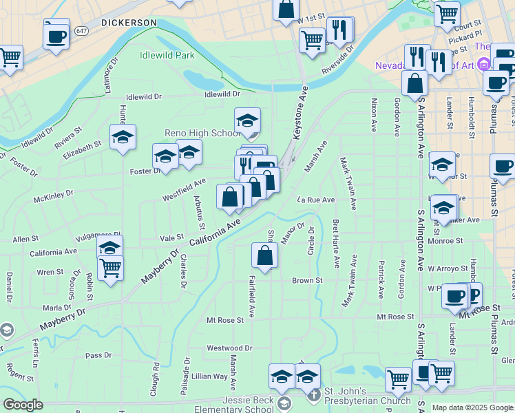 map of restaurants, bars, coffee shops, grocery stores, and more near 1132 California Avenue in Reno