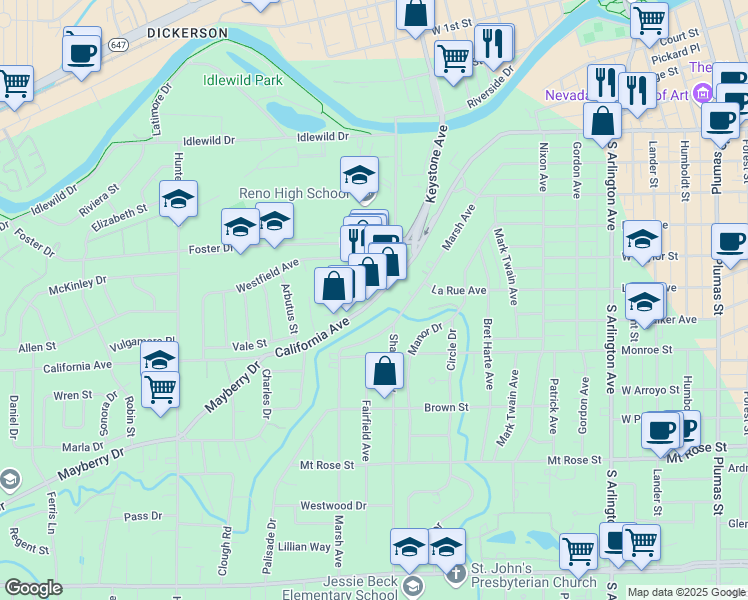 map of restaurants, bars, coffee shops, grocery stores, and more near California Avenue in Reno