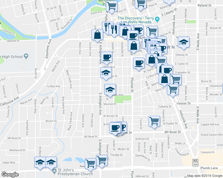map of restaurants, bars, coffee shops, grocery stores, and more near 1019 Lander Street in Reno