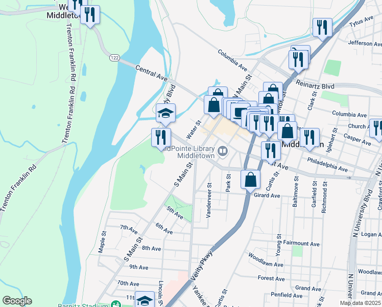 map of restaurants, bars, coffee shops, grocery stores, and more near 204 South Main Street in Middletown