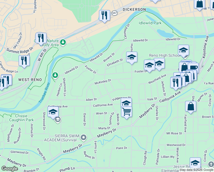map of restaurants, bars, coffee shops, grocery stores, and more near 640 Robin Street in Reno