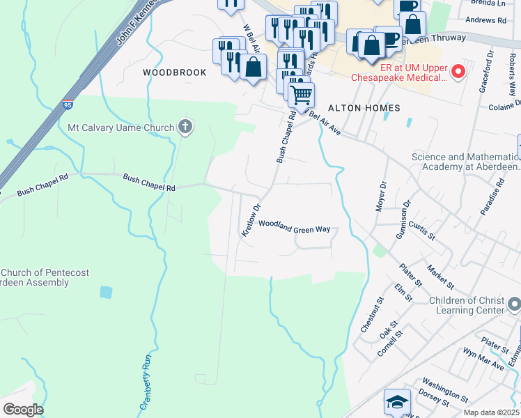 map of restaurants, bars, coffee shops, grocery stores, and more near 100 Kretlow Drive in Aberdeen