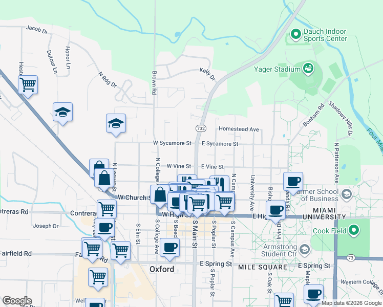 map of restaurants, bars, coffee shops, grocery stores, and more near 310 North Main Street in Oxford