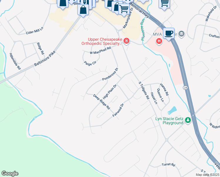 map of restaurants, bars, coffee shops, grocery stores, and more near 730 High Plain Drive in Bel Air