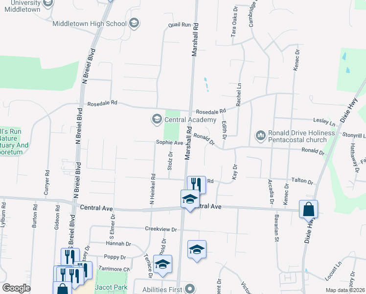 map of restaurants, bars, coffee shops, grocery stores, and more near 128 Marshall Road in Middletown