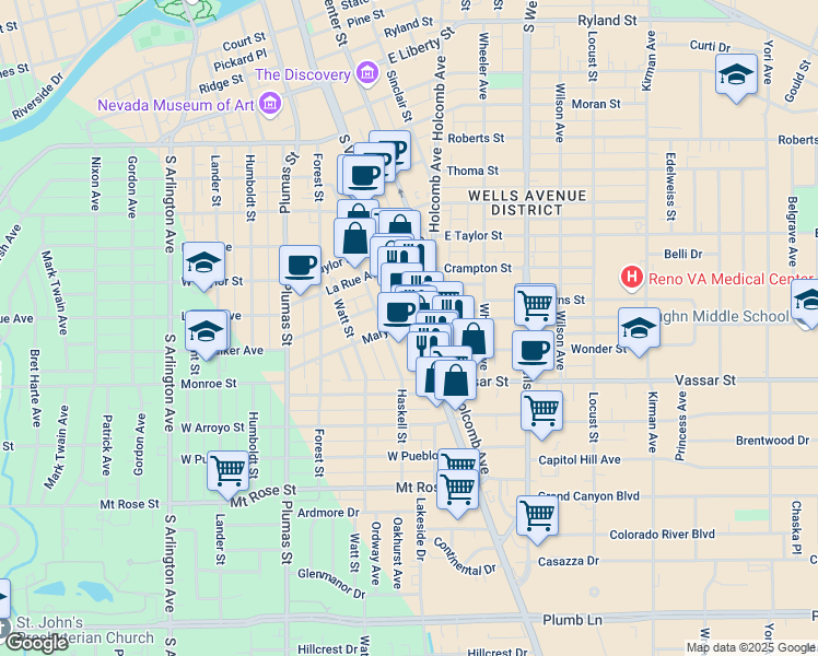map of restaurants, bars, coffee shops, grocery stores, and more near 1001 South Virginia Street in Reno