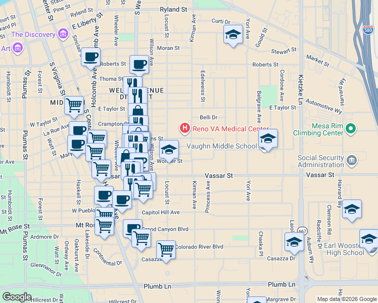 map of restaurants, bars, coffee shops, grocery stores, and more near 560 Claremont Circle in Reno