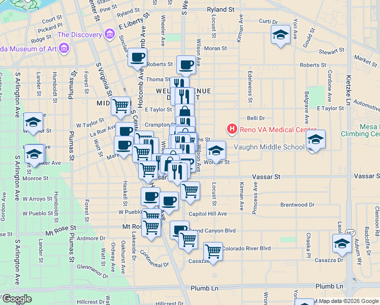 map of restaurants, bars, coffee shops, grocery stores, and more near 1107 Wilson Avenue in Reno