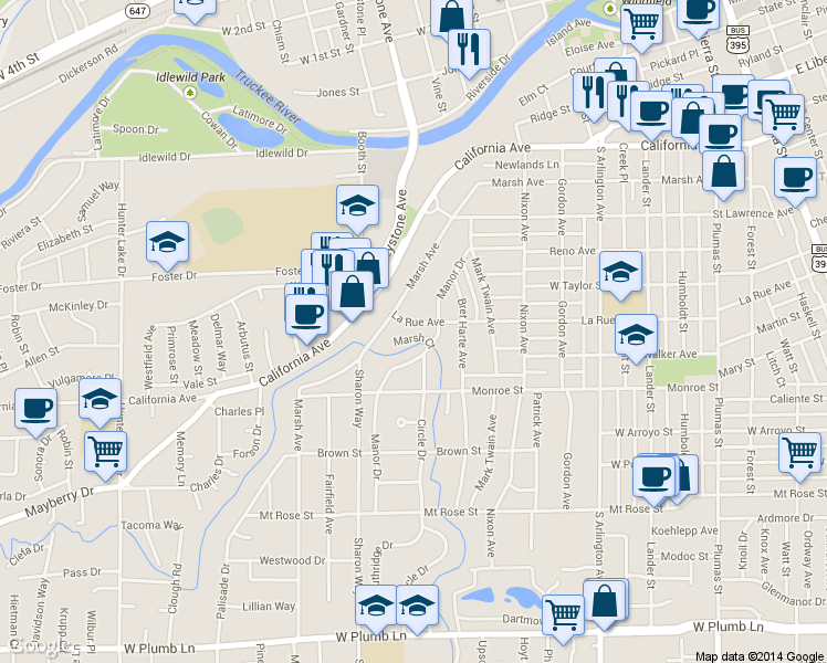 map of restaurants, bars, coffee shops, grocery stores, and more near 1030 La Rue Avenue in Reno