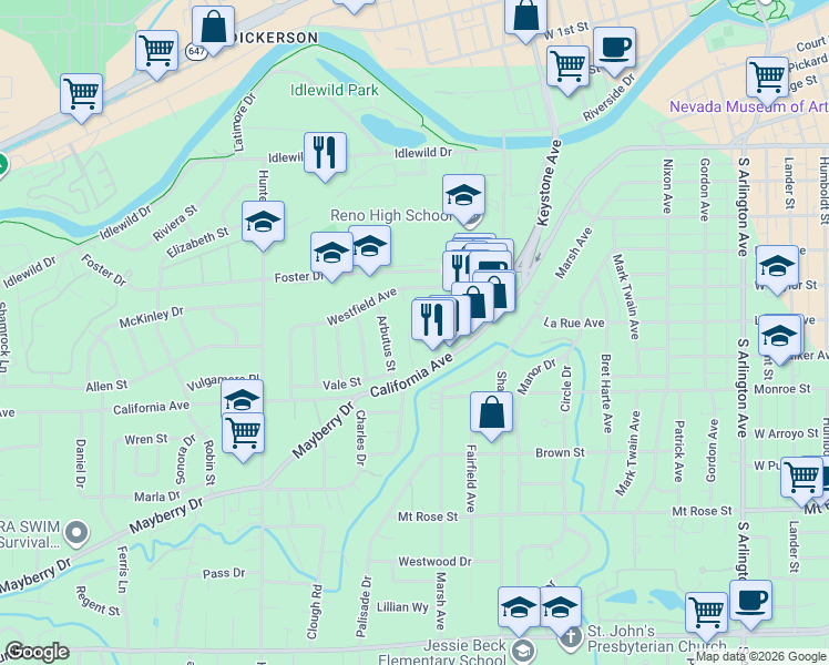 map of restaurants, bars, coffee shops, grocery stores, and more near 805 Lahontan Way in Reno