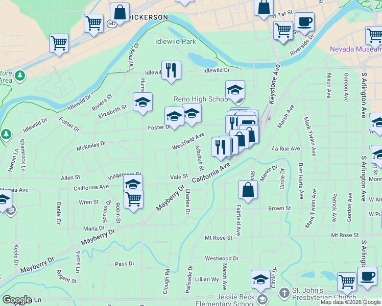 map of restaurants, bars, coffee shops, grocery stores, and more near 787 Delmar Way in Reno