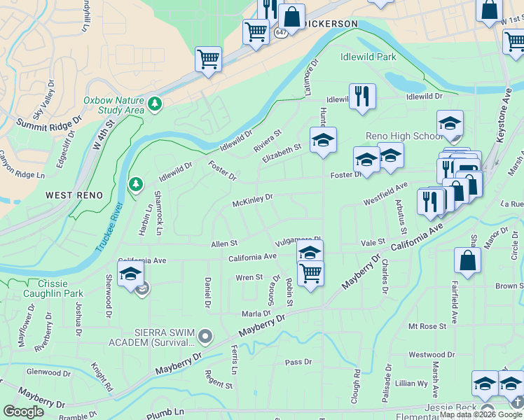 map of restaurants, bars, coffee shops, grocery stores, and more near 640 Robin Street in Reno
