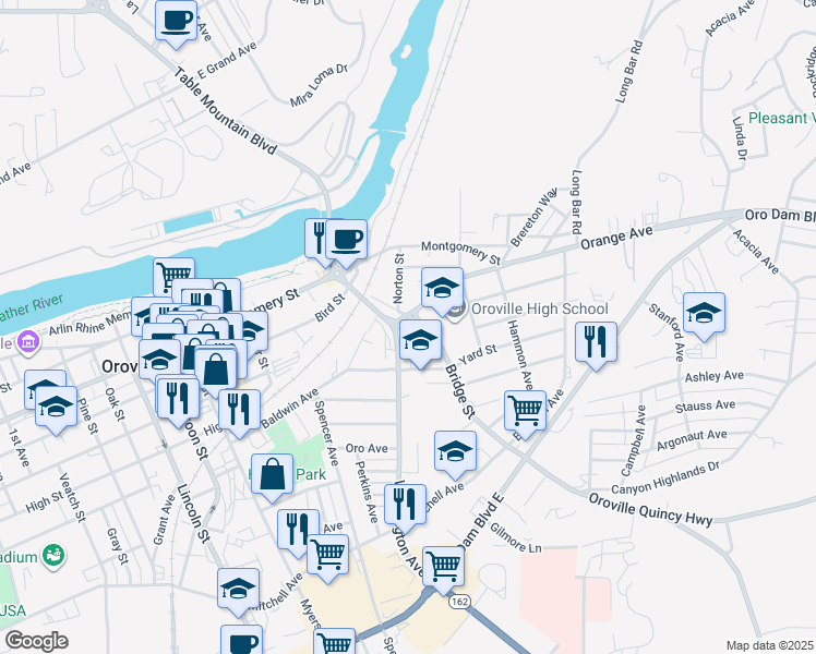 map of restaurants, bars, coffee shops, grocery stores, and more near 1544 Bridge Street in Oroville