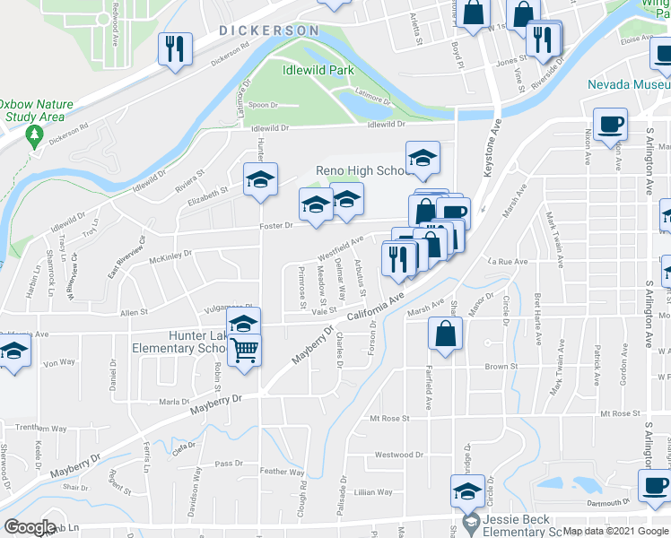 map of restaurants, bars, coffee shops, grocery stores, and more near 787 Delmar Way in Reno