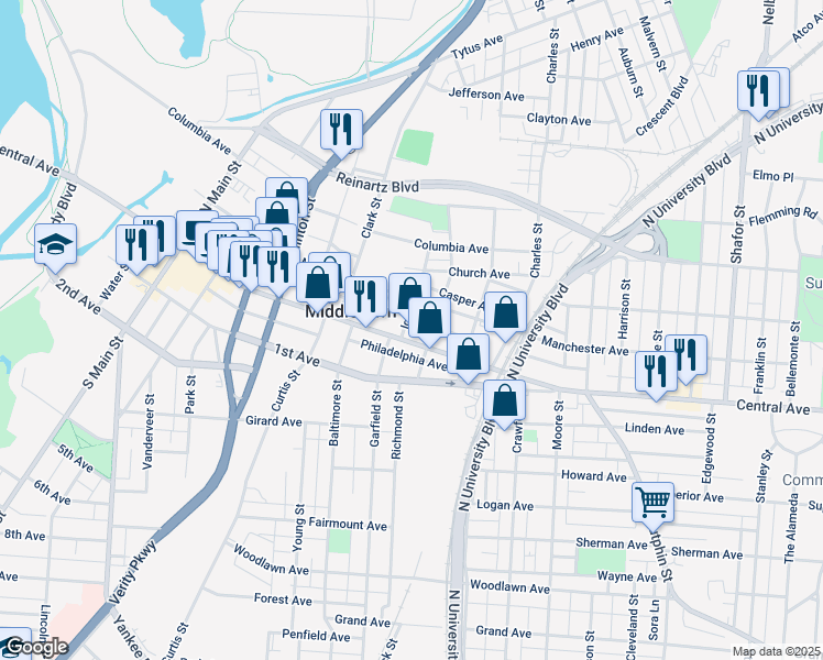 map of restaurants, bars, coffee shops, grocery stores, and more near 1607 Central Avenue in Middletown