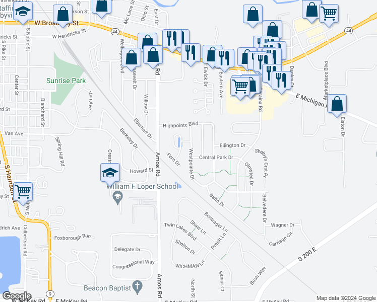 map of restaurants, bars, coffee shops, grocery stores, and more near 711 Westpointe Drive in Shelbyville