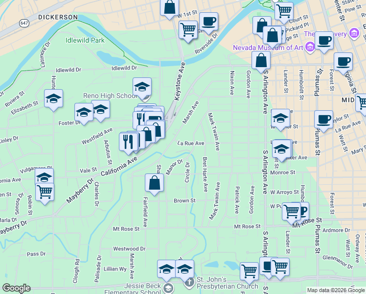 map of restaurants, bars, coffee shops, grocery stores, and more near 1030 La Rue Avenue in Reno