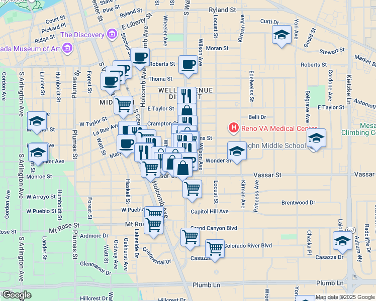 map of restaurants, bars, coffee shops, grocery stores, and more near 1125 South Wells Avenue in Reno