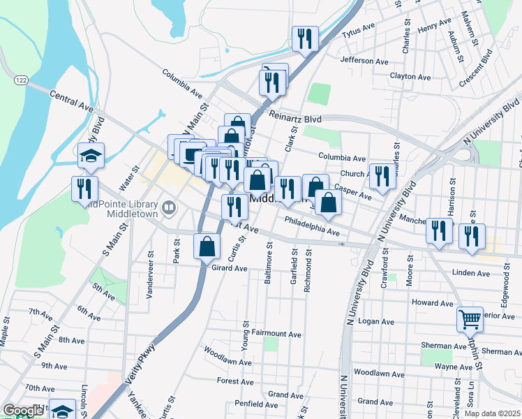 map of restaurants, bars, coffee shops, grocery stores, and more near in Middletown