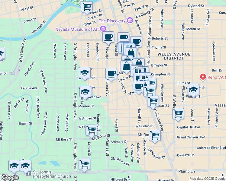 map of restaurants, bars, coffee shops, grocery stores, and more near 207 Martin Street in Reno