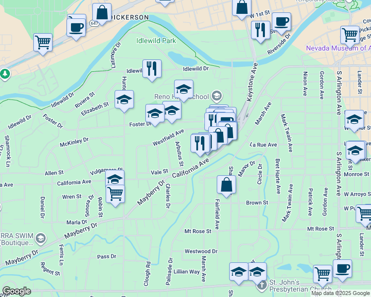 map of restaurants, bars, coffee shops, grocery stores, and more near 805 Lahontan Way in Reno