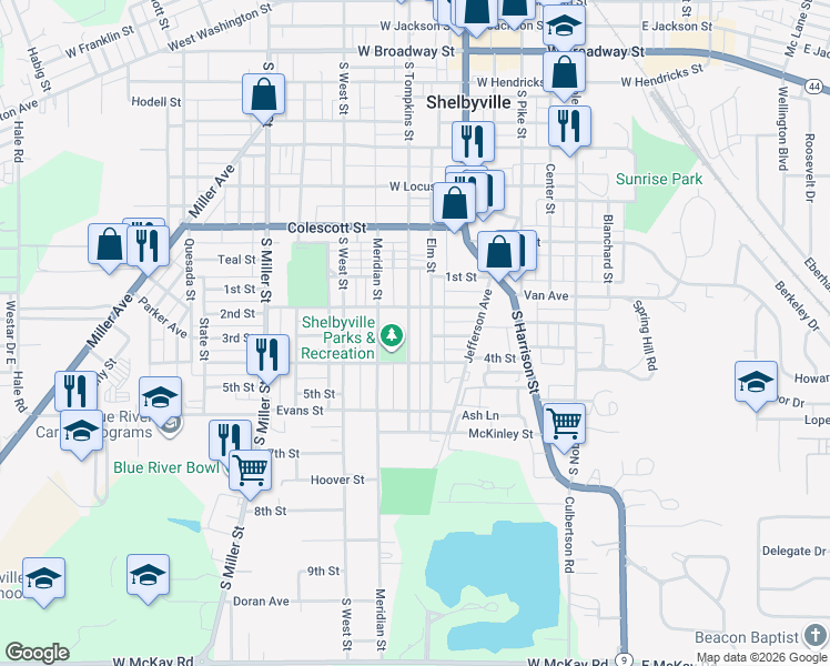 map of restaurants, bars, coffee shops, grocery stores, and more near 938 South Tompkins Street in Shelbyville