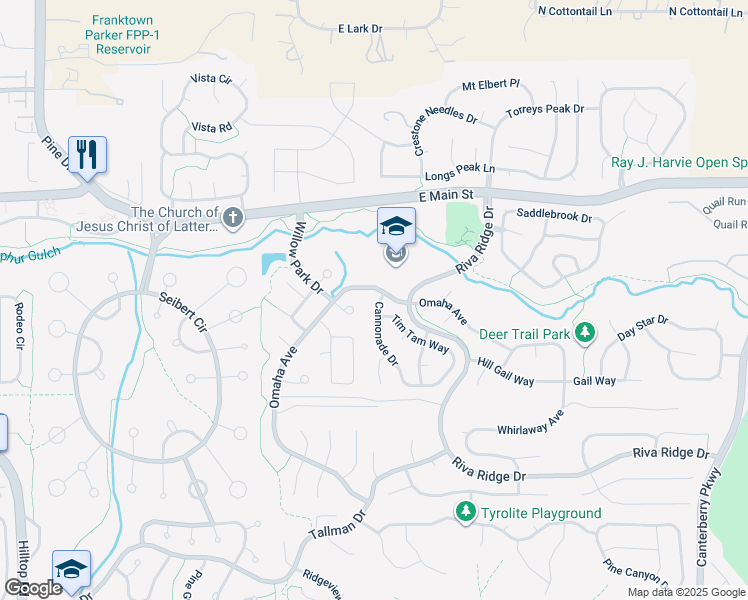 map of restaurants, bars, coffee shops, grocery stores, and more near 10909 Cannonade Drive in Parker