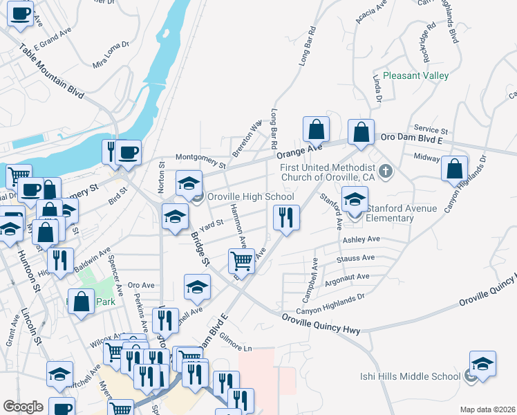 map of restaurants, bars, coffee shops, grocery stores, and more near 3154 Yard Street in Oroville