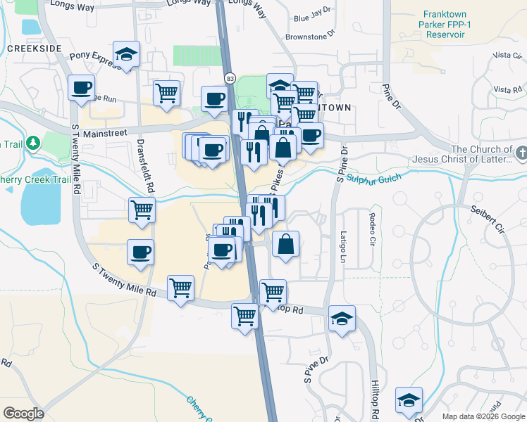 map of restaurants, bars, coffee shops, grocery stores, and more near 11105 South Pikes Peak Drive in Parker