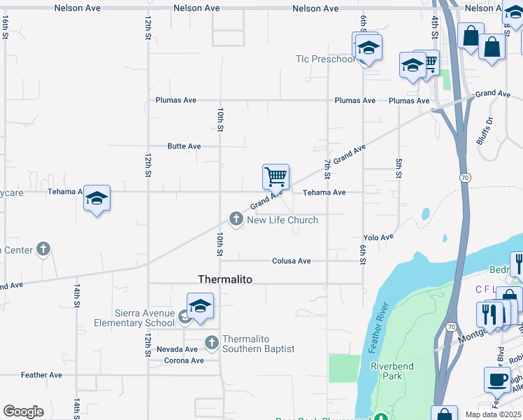 map of restaurants, bars, coffee shops, grocery stores, and more near 851 Grand Avenue in Oroville