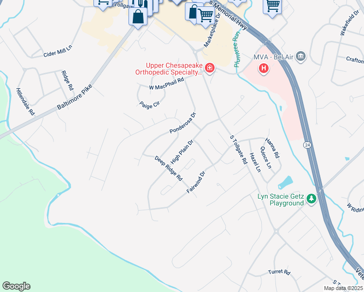 map of restaurants, bars, coffee shops, grocery stores, and more near 730 High Plain Drive in Bel Air