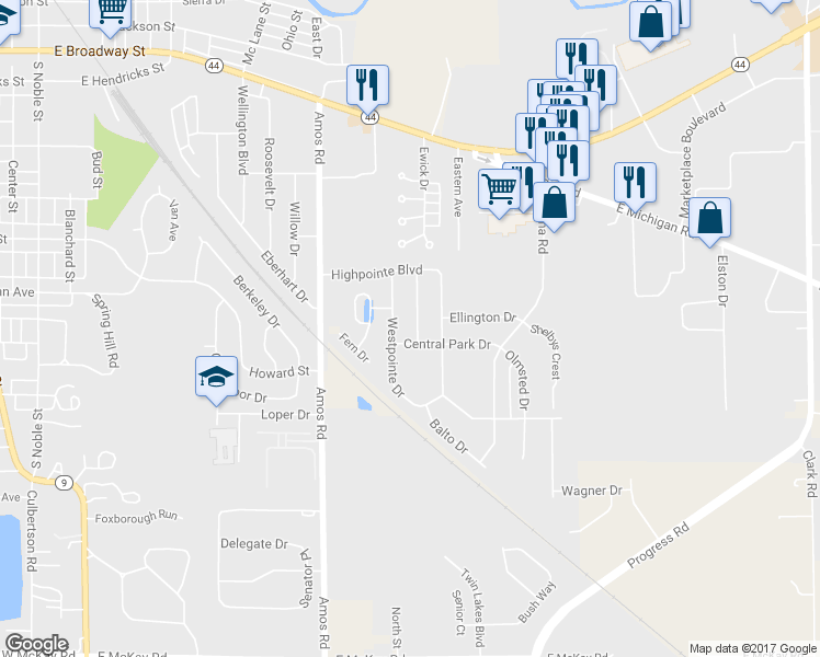 map of restaurants, bars, coffee shops, grocery stores, and more near 709 Eastpointe Drive in Shelbyville
