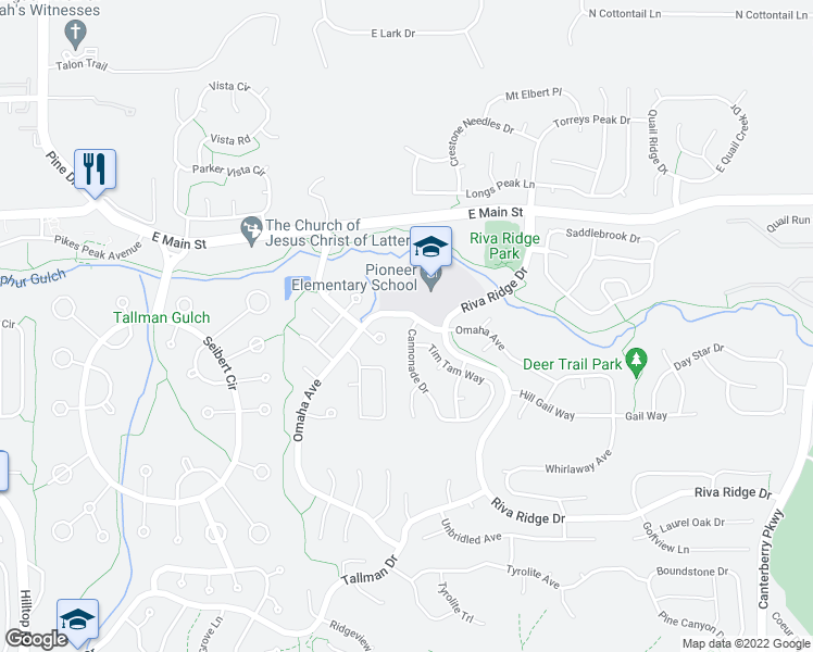 map of restaurants, bars, coffee shops, grocery stores, and more near 10909 Cannonade Drive in Parker