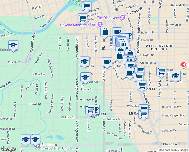 map of restaurants, bars, coffee shops, grocery stores, and more near 1035 Humboldt Street in Reno