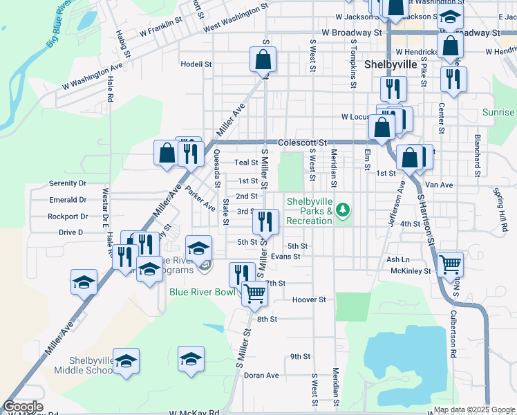 map of restaurants, bars, coffee shops, grocery stores, and more near 716 3rd Street in Shelbyville