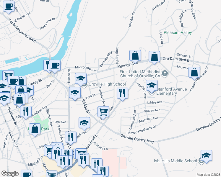 map of restaurants, bars, coffee shops, grocery stores, and more near 3154 Yard Street in Oroville