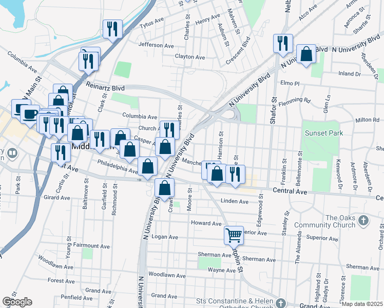 map of restaurants, bars, coffee shops, grocery stores, and more near 1917 Casper Avenue in Middletown