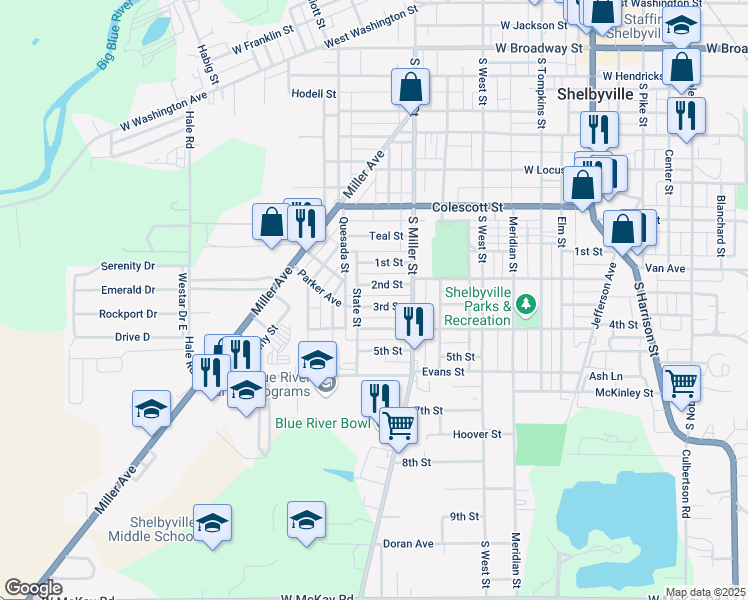 map of restaurants, bars, coffee shops, grocery stores, and more near 752 3rd Street in Shelbyville