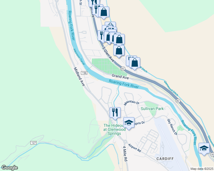 map of restaurants, bars, coffee shops, grocery stores, and more near 1033 Park West Drive in Glenwood Springs